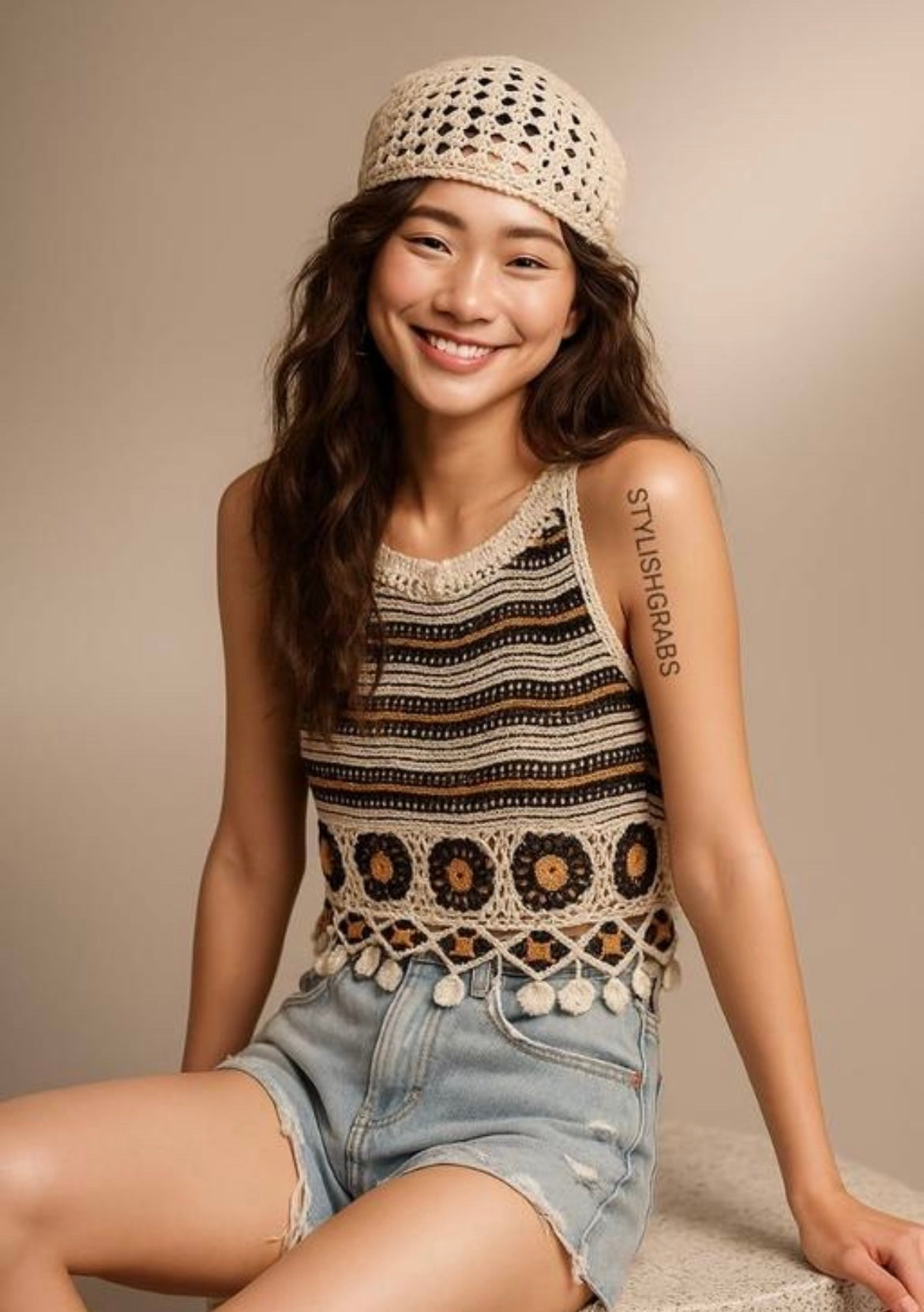 Vintage-Inspired Crochet Tank Top with Pom-Pom Hem