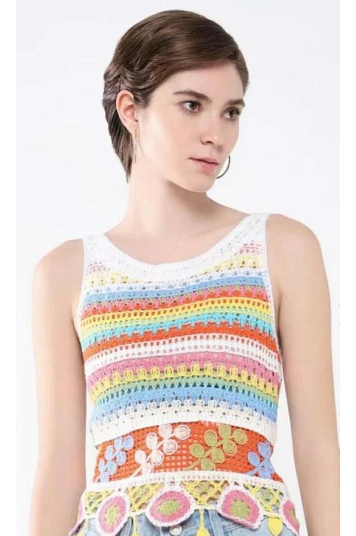 Rainbow Stripe Crochet Crop Top with Floral Patchwork