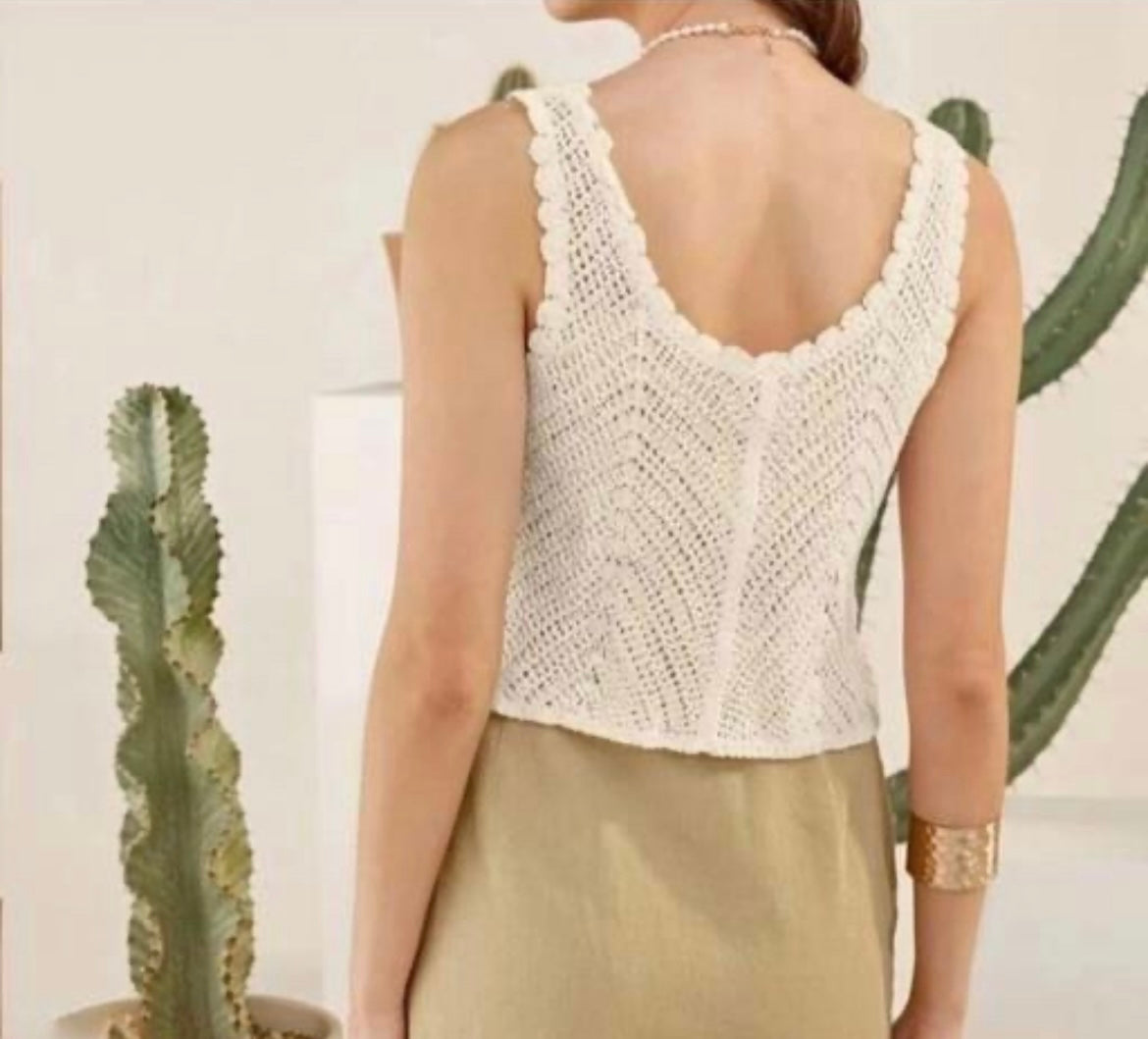 Elegant Button-Front Crochet Sleeveless Top