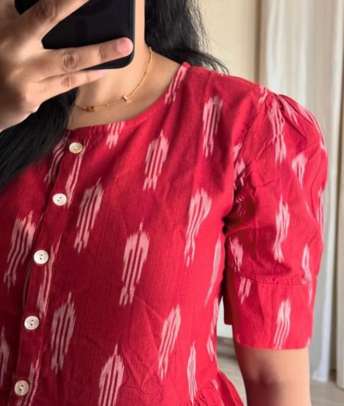 Elegant Ikat Print Cotton Midi Dress – Red Charm Edition