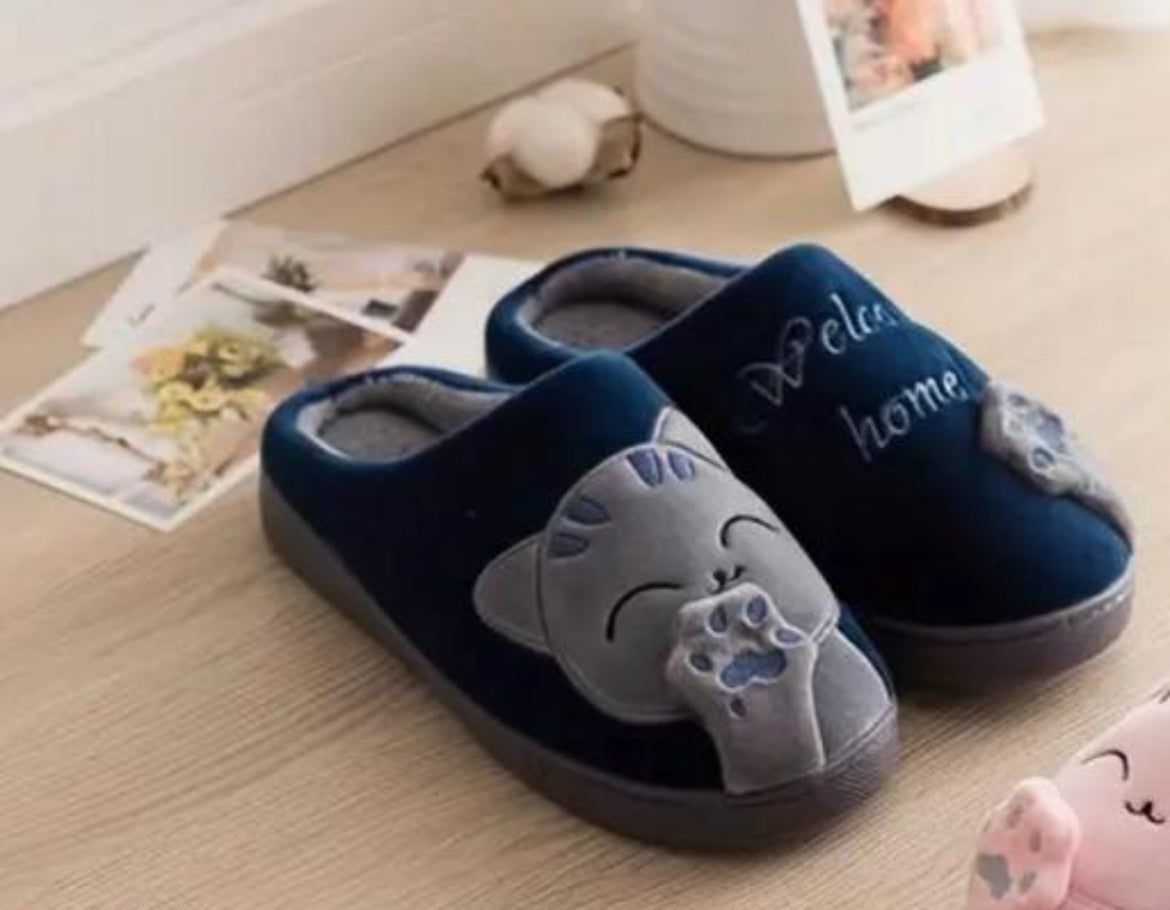 Navy Blue "Welcome Home" Cat Slippers