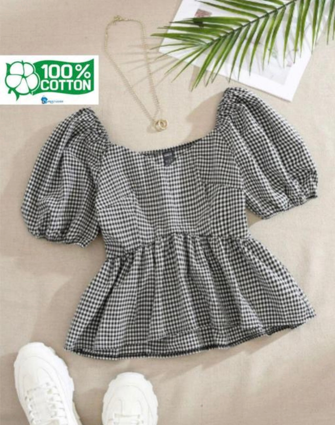 Black Gingham Cotton Puff Sleeve Peplum Top
