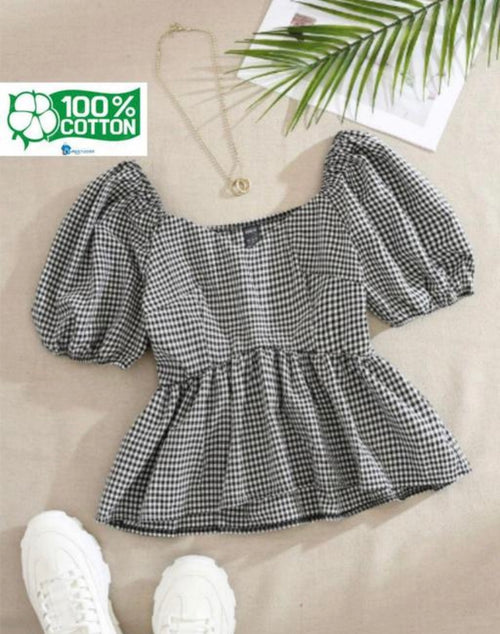 Black Gingham Cotton Puff Sleeve Peplum Top