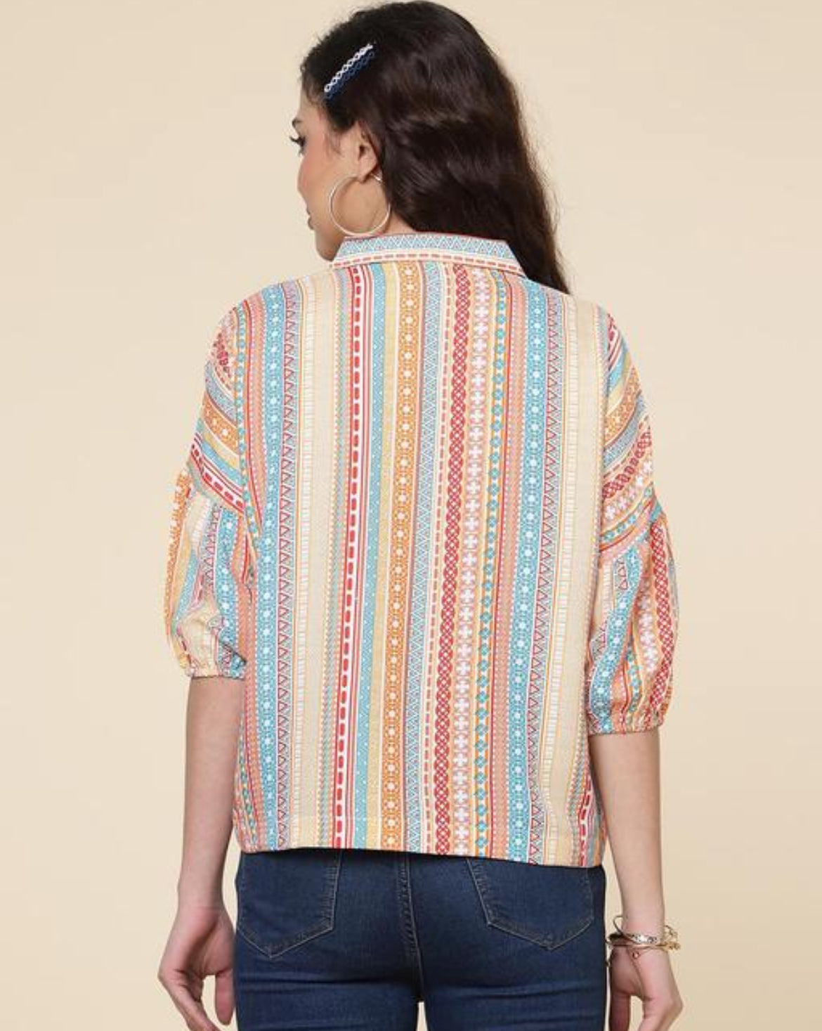 Multicolor Striped and Tribal Print Cropped Top