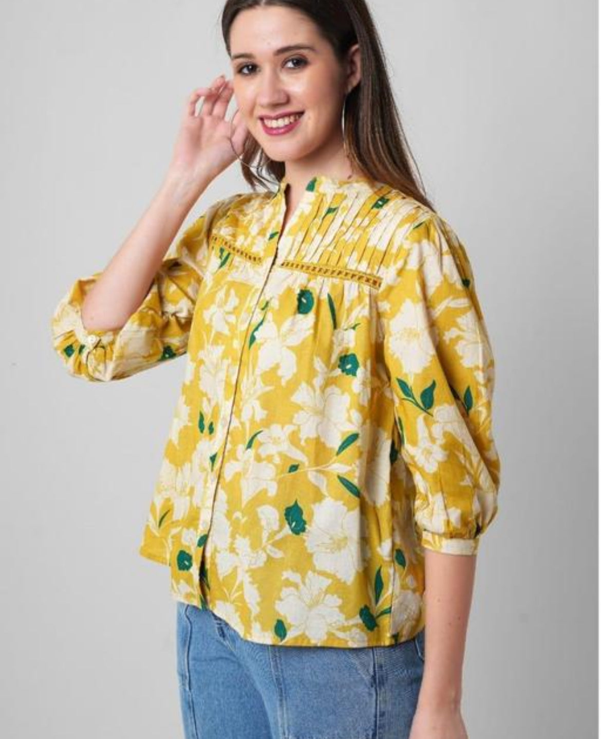 Mustard Yellow Floral Blouse with Pintuck