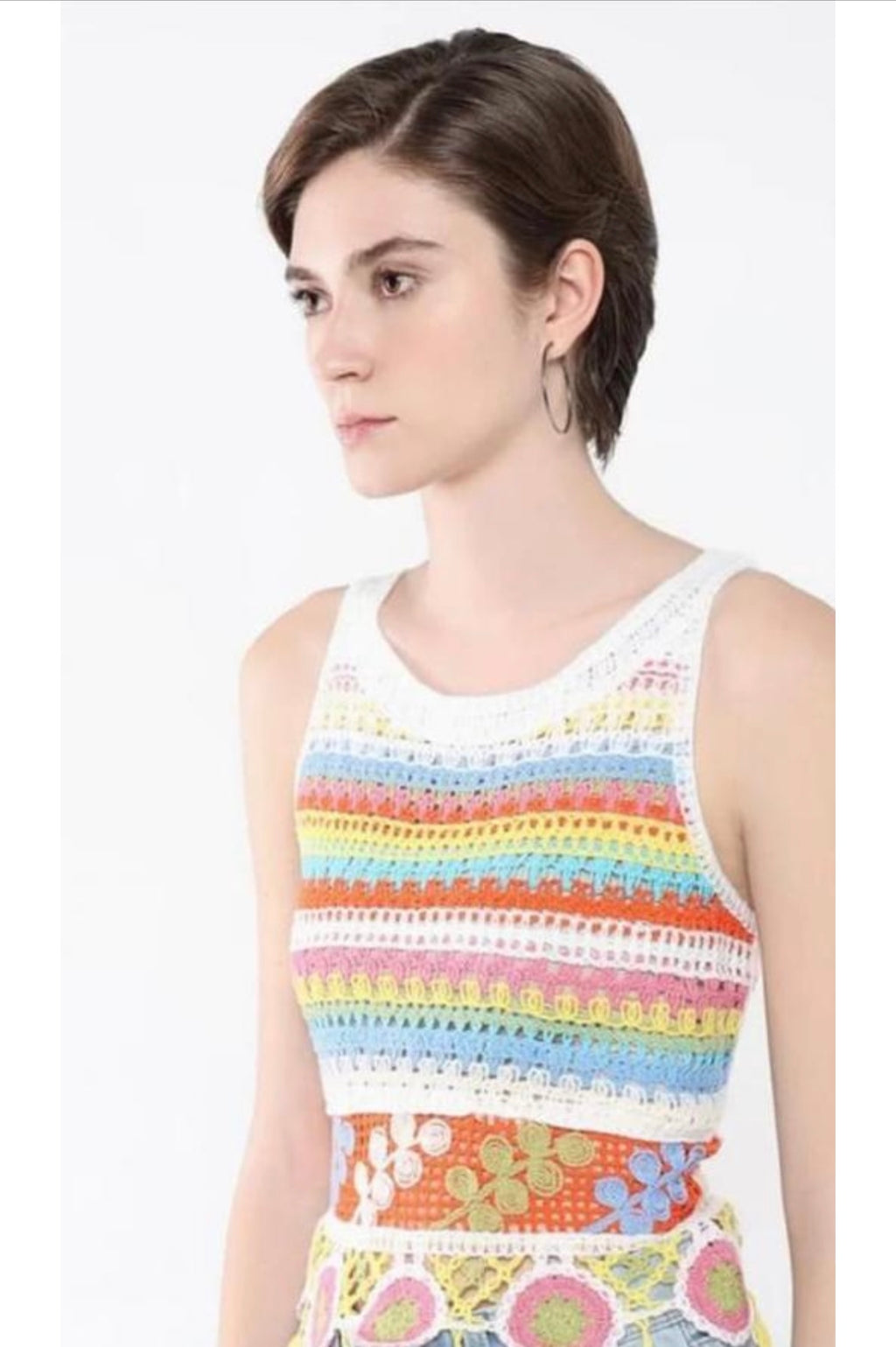 Rainbow Stripe Crochet Crop Top with Floral Patchwork