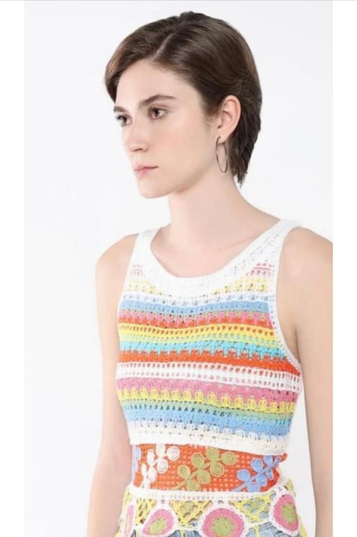 Rainbow Stripe Crochet Crop Top with Floral Patchwork