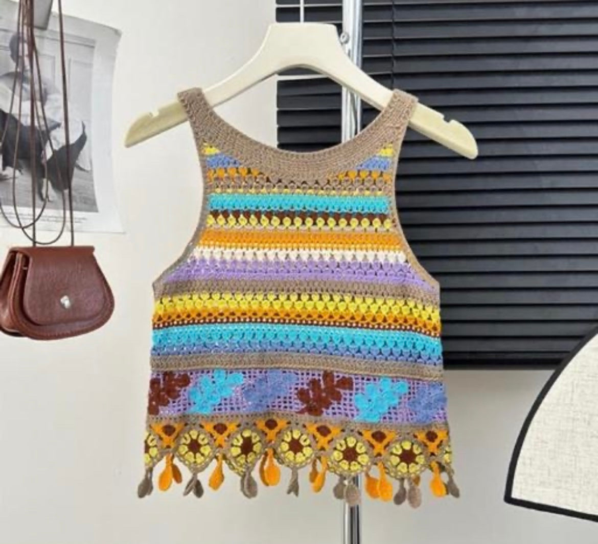 Bohemian Stripes Crochet Crop Top with Tassels