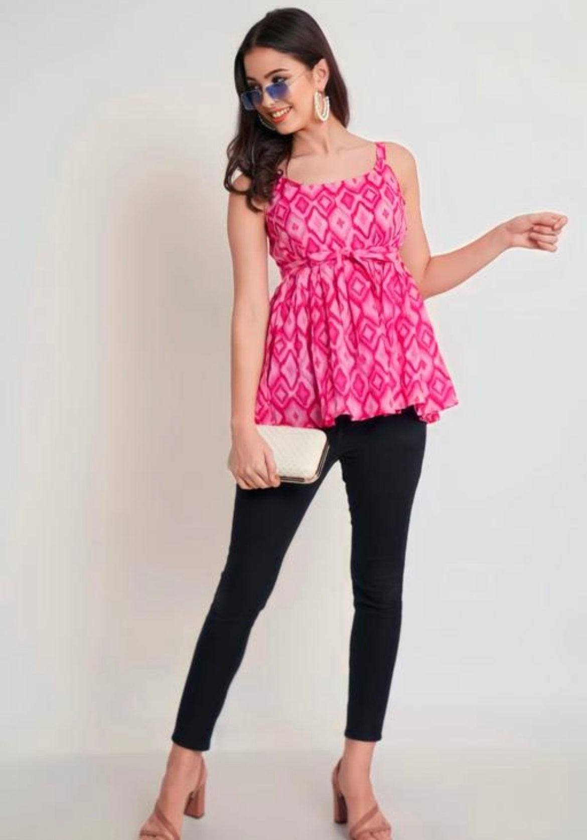 Fuchsia Pink Ikat Peplum Sleeveless Top