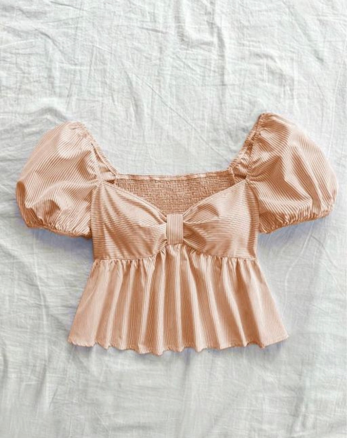 Peach Pinstripe Puff Sleeve Peplum Top with Bow Detail