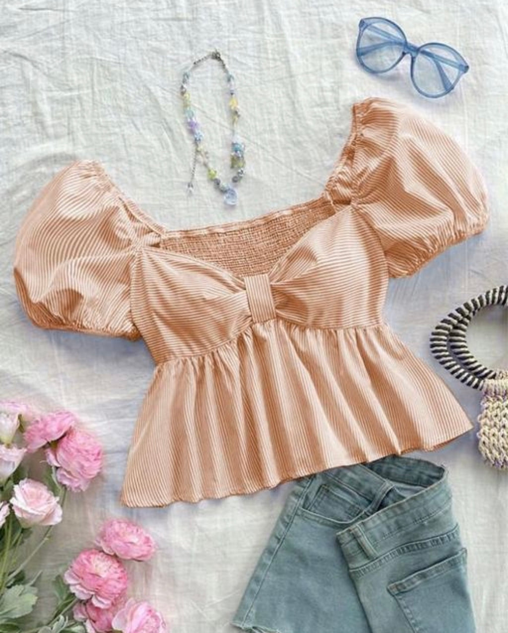 Peach Pinstripe Puff Sleeve Peplum Top with Bow Detail