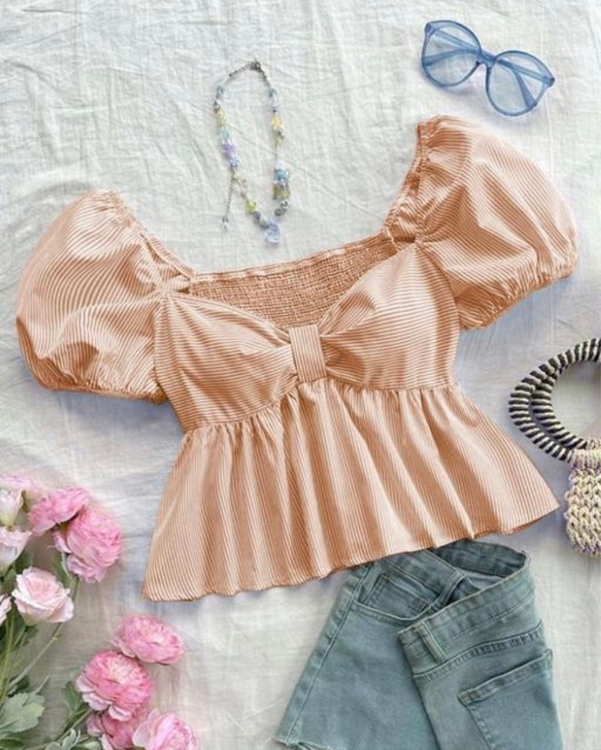 Peach Pinstripe Puff Sleeve Peplum Top with Bow Detail