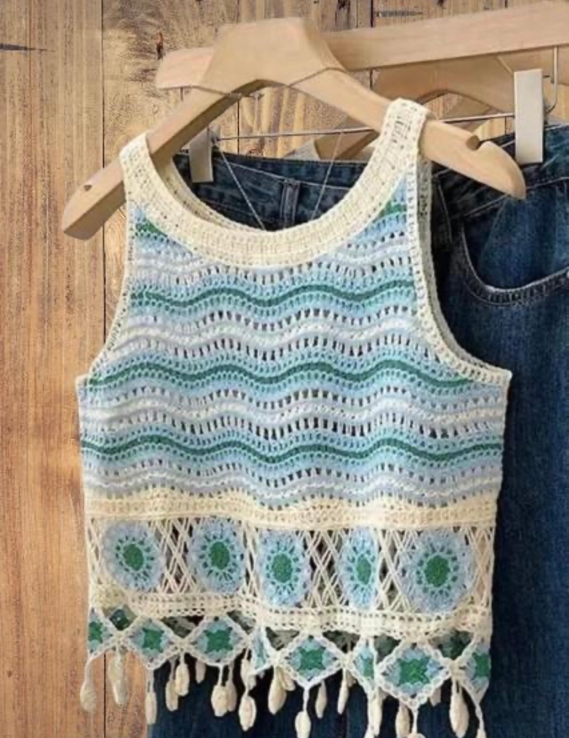 Ocean Wave Crochet Crop Top with Tassel Detailing