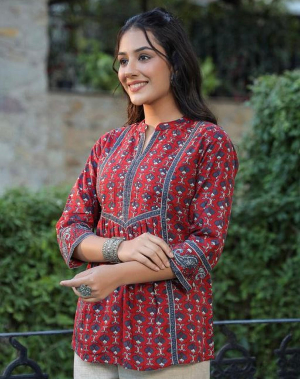 Rust Red Handblock Printed Cotton Peplum Kurti