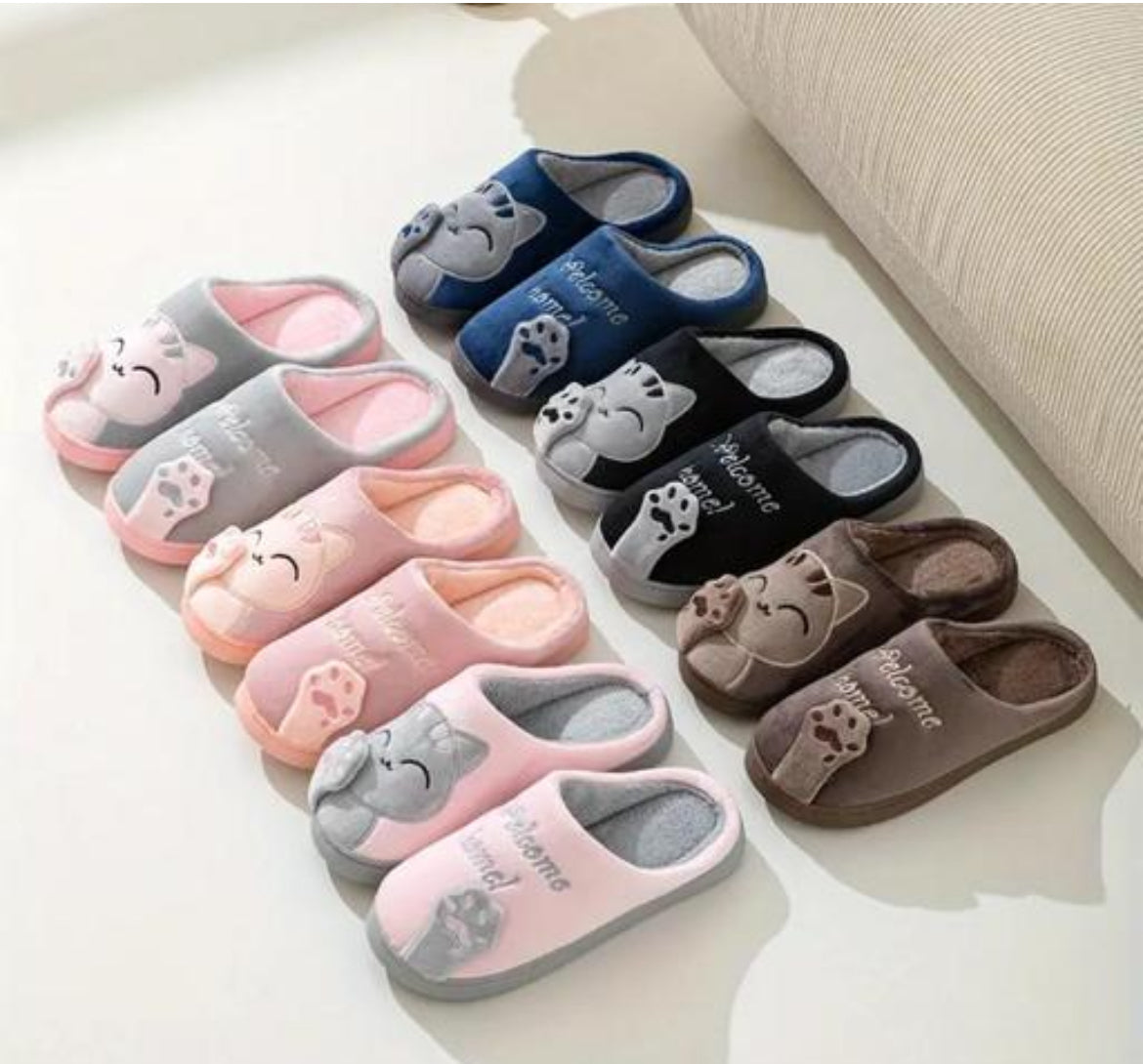 Dark Brown "Welcome Home" Cat Slippers