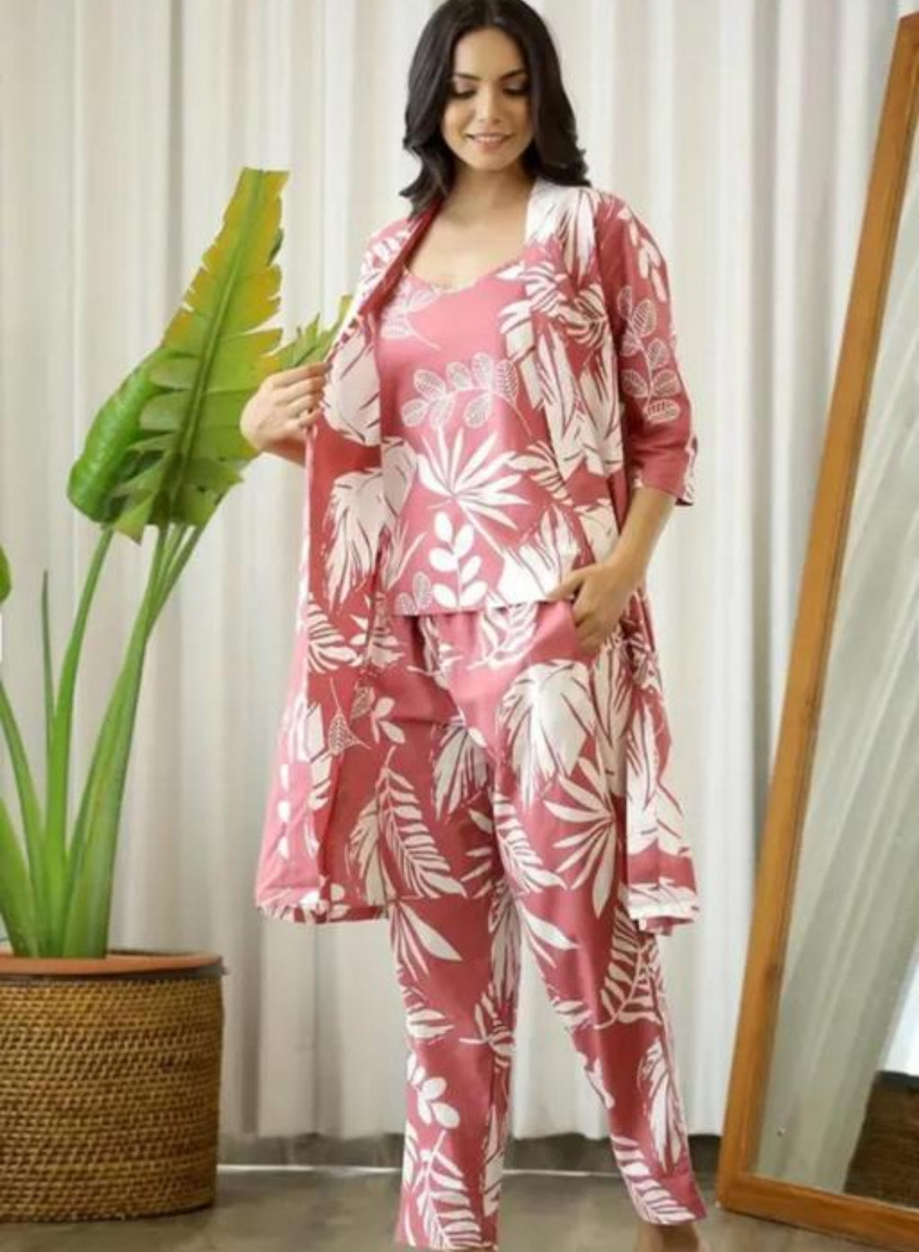 Pink and White Botanical Print Three-Piece Pajama Set