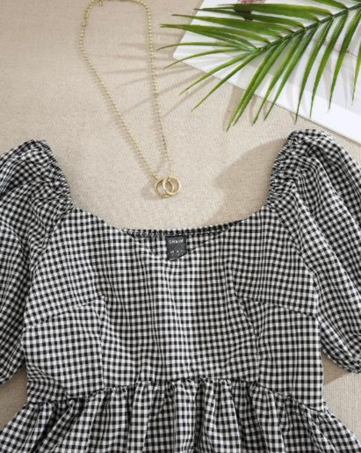 Black Gingham Cotton Puff Sleeve Peplum Top