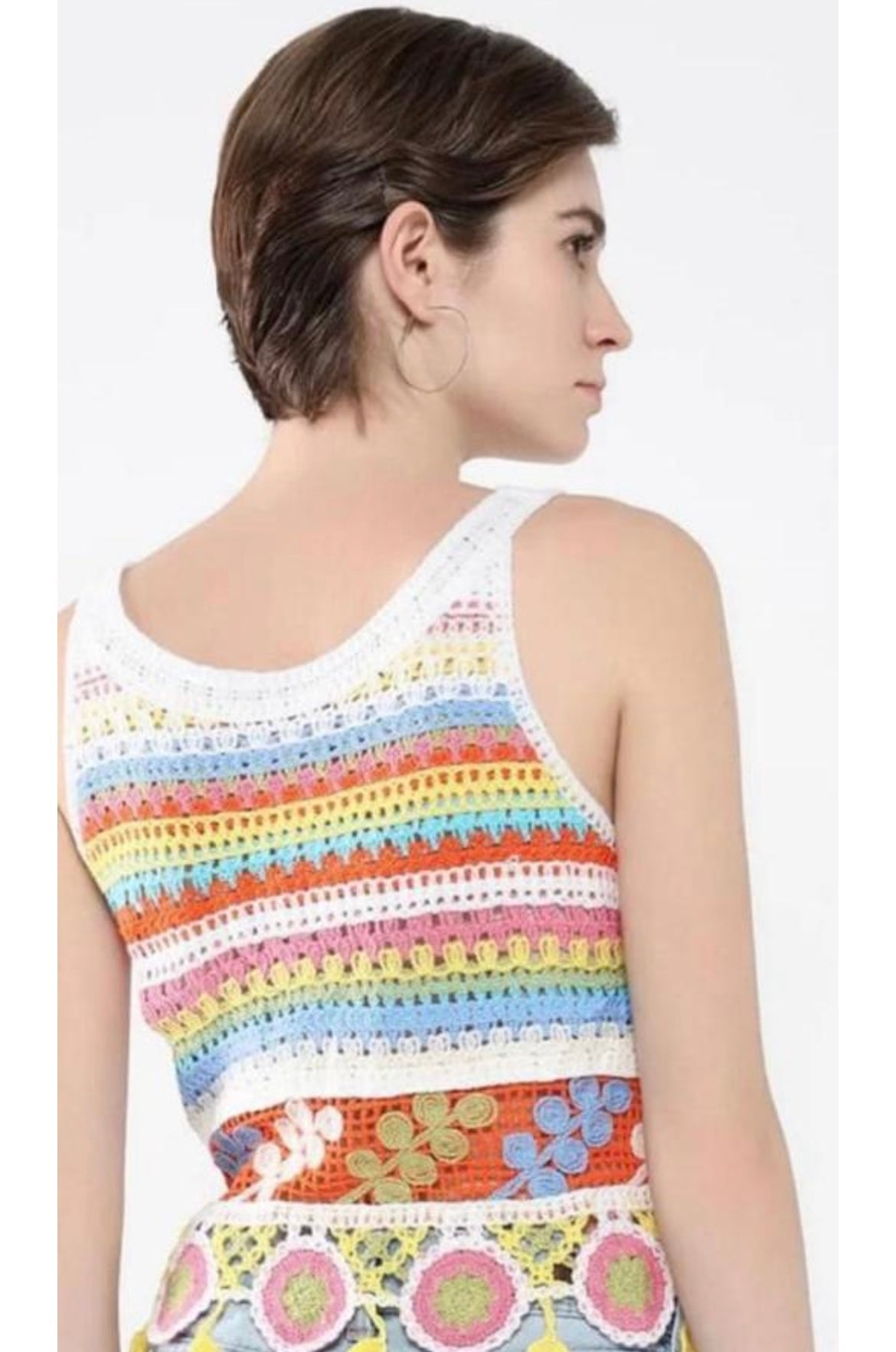 Rainbow Stripe Crochet Crop Top with Floral Patchwork