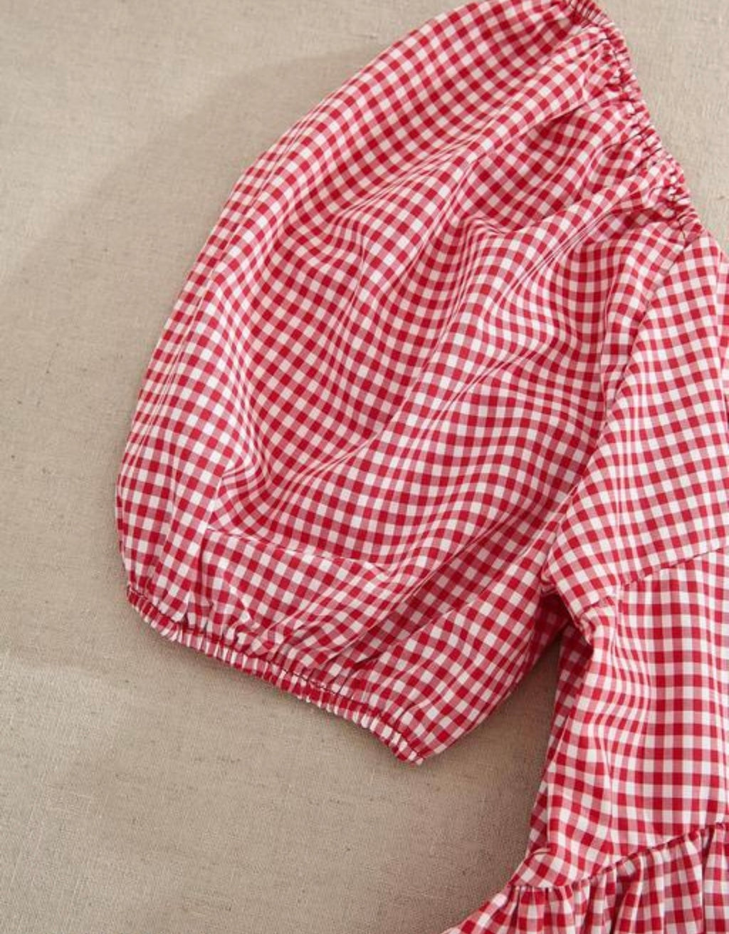 Red Gingham Puff Sleeve Cotton Peplum Top