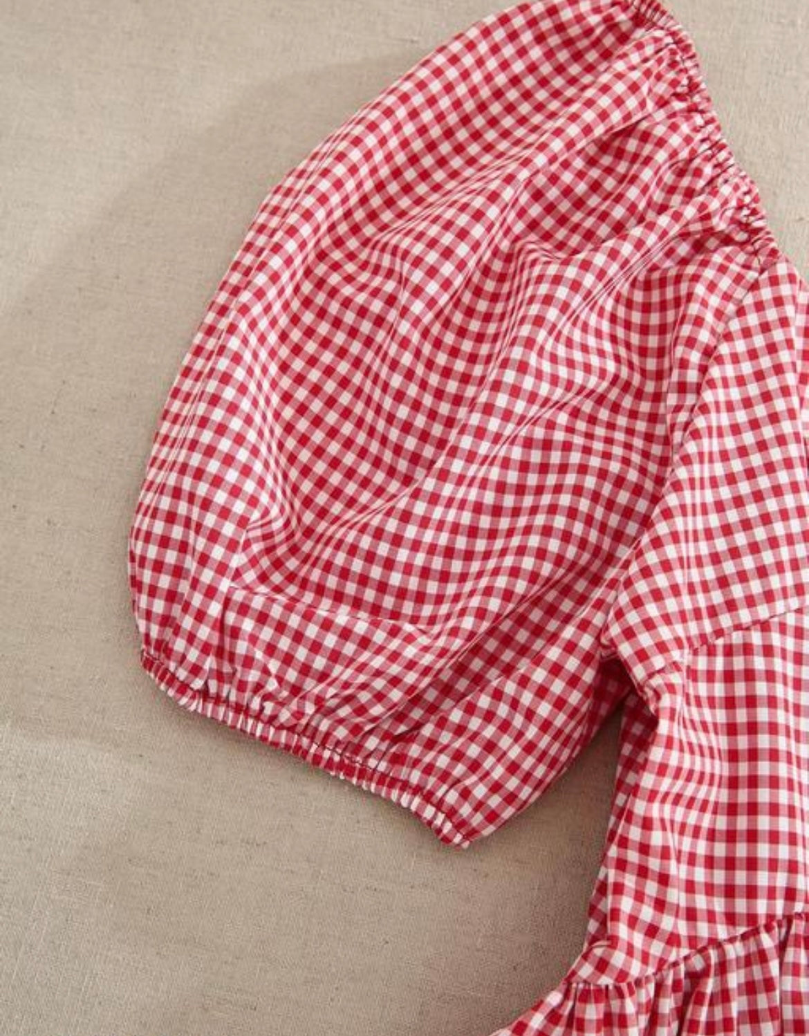 Red Gingham Puff Sleeve Cotton Peplum Top