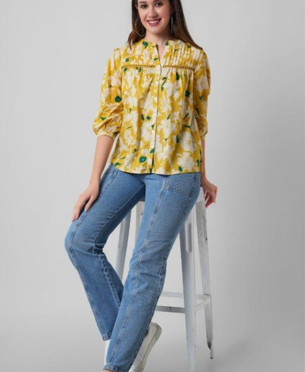 Mustard Yellow Floral Blouse with Pintuck