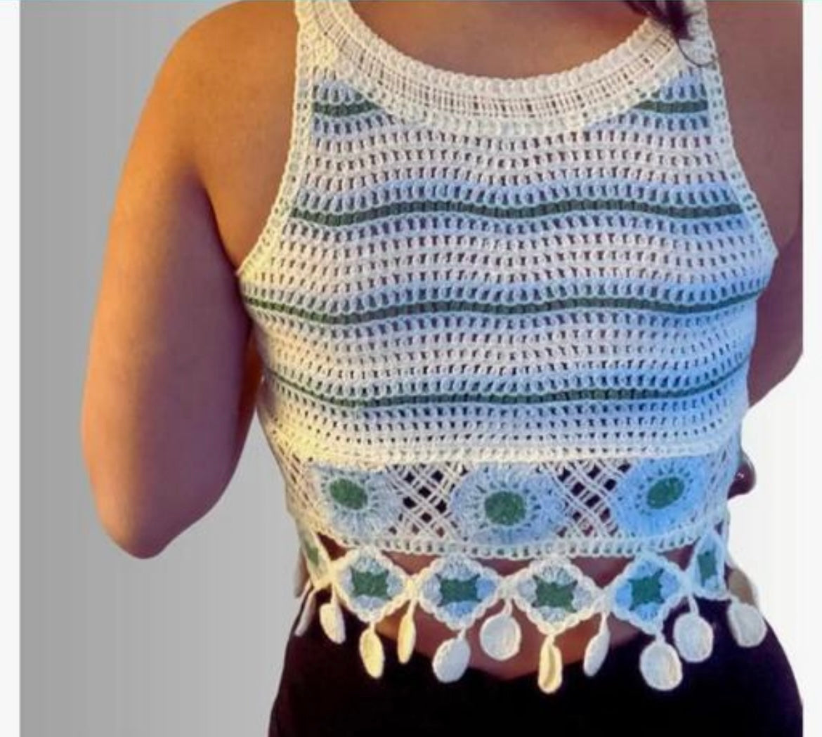 Ocean Wave Crochet Crop Top with Tassel Detailing