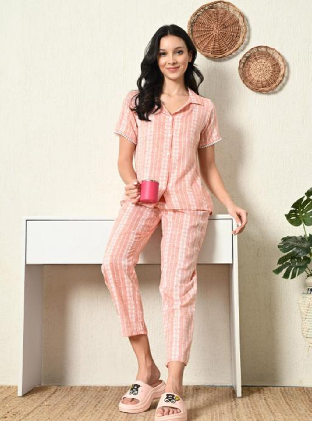 Pink and White Striped Women's Night Wear Set