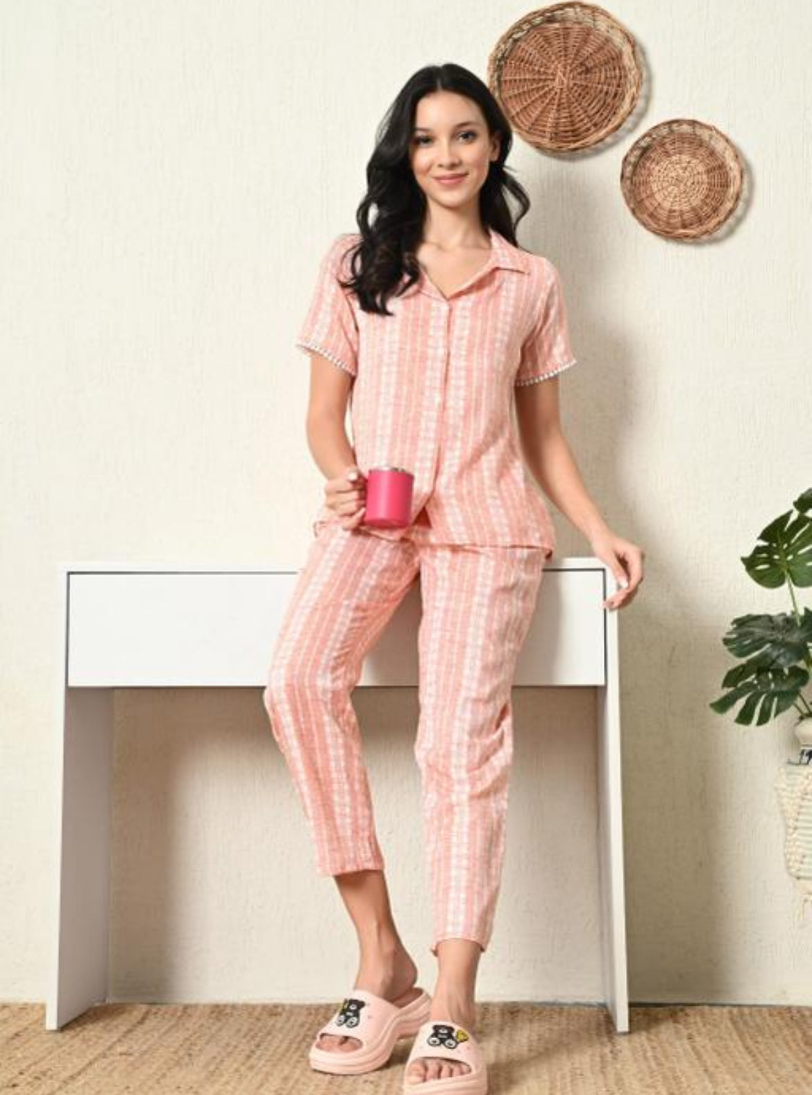 Pink and White Striped Women's Night Wear Set