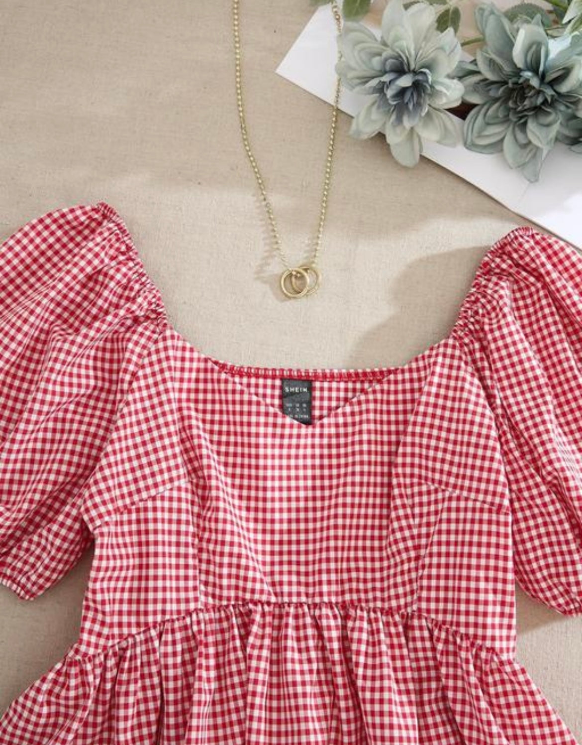 Red Gingham Puff Sleeve Cotton Peplum Top