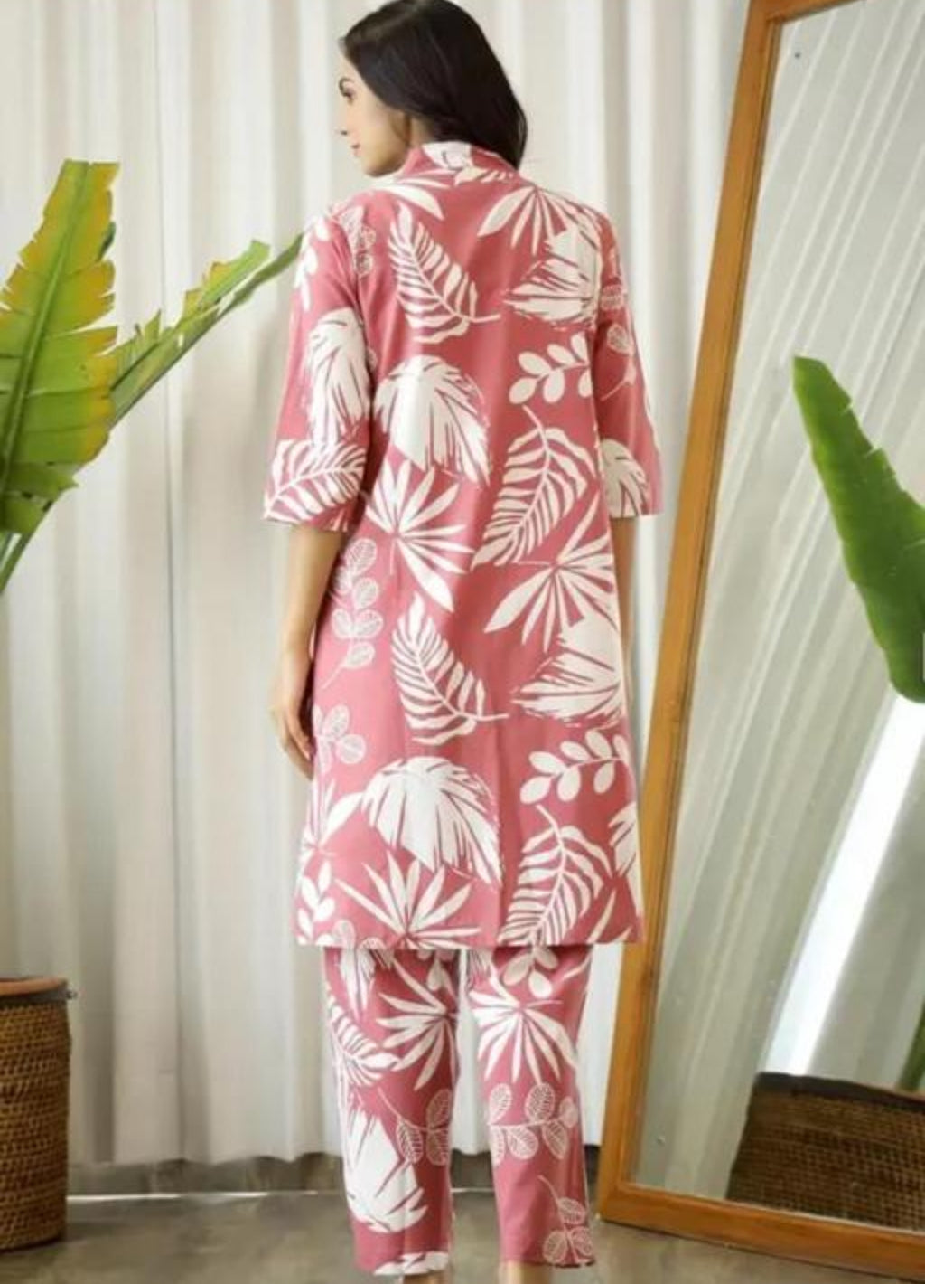 Pink and White Botanical Print Three-Piece Pajama Set