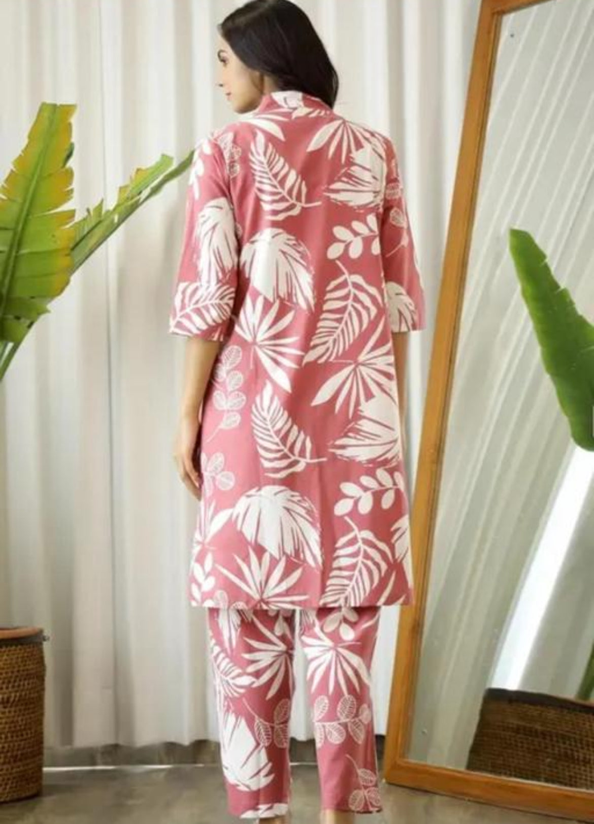 Pink and White Botanical Print Three-Piece Pajama Set