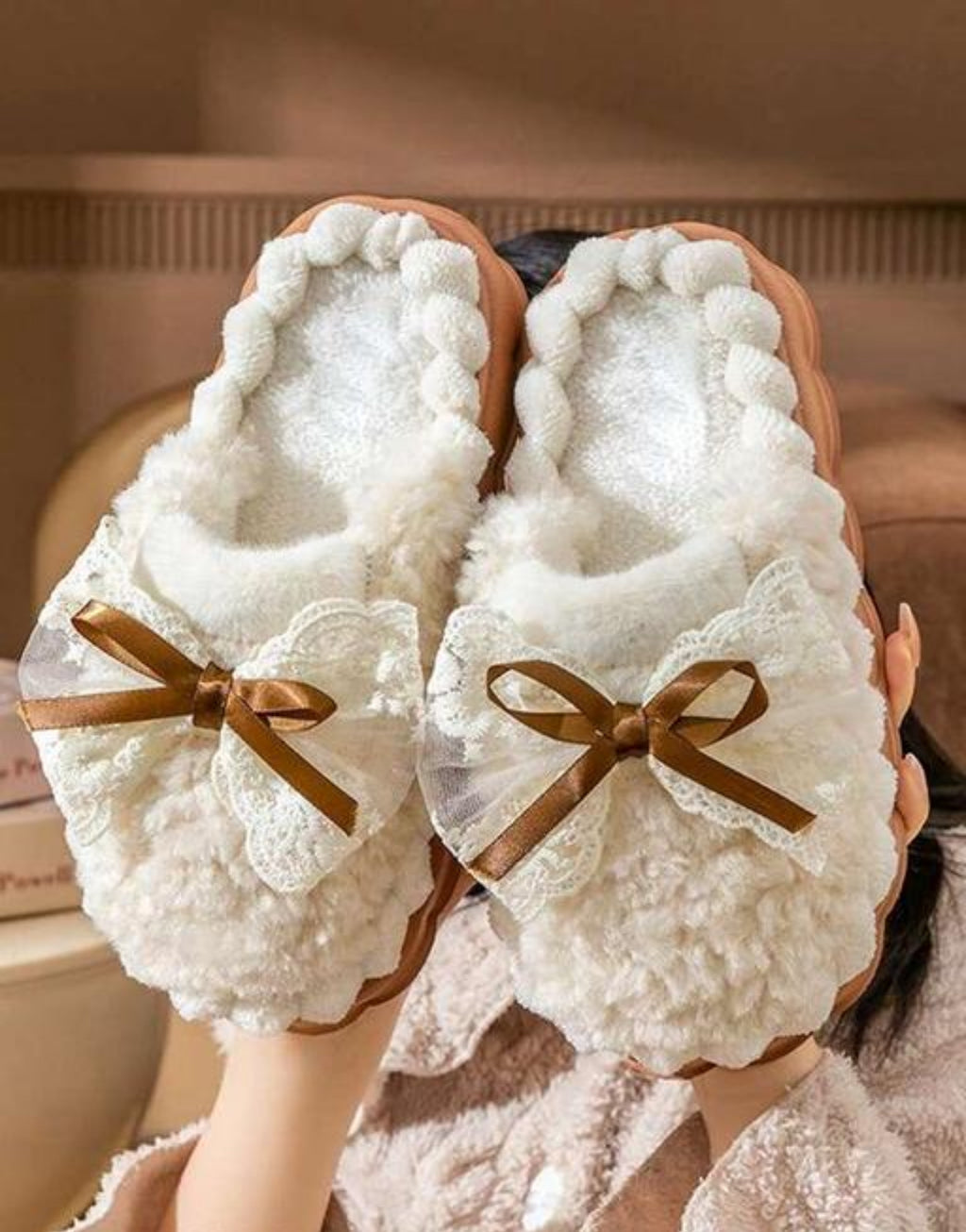 Fluffy creme slippers