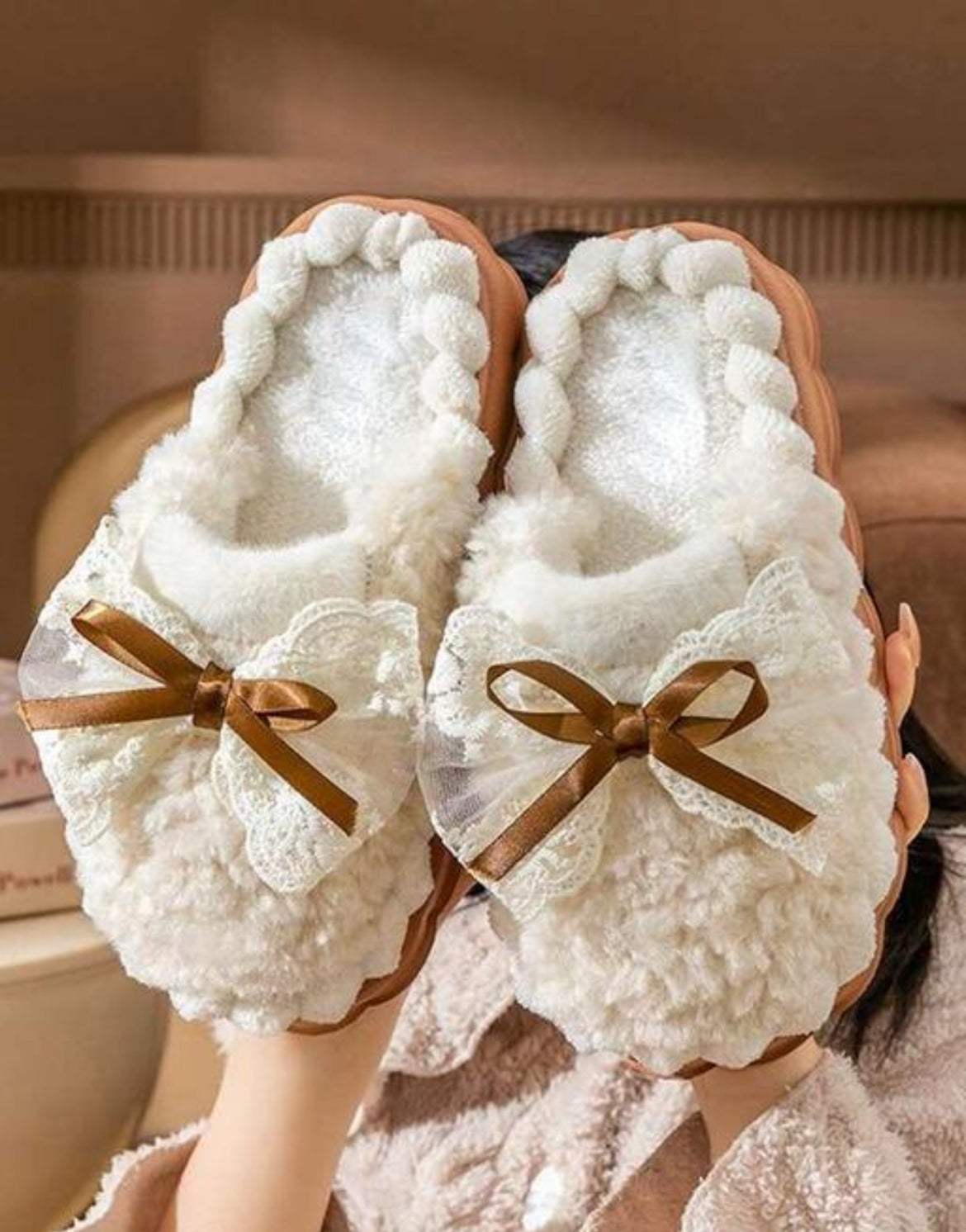 Fluffy creme slippers