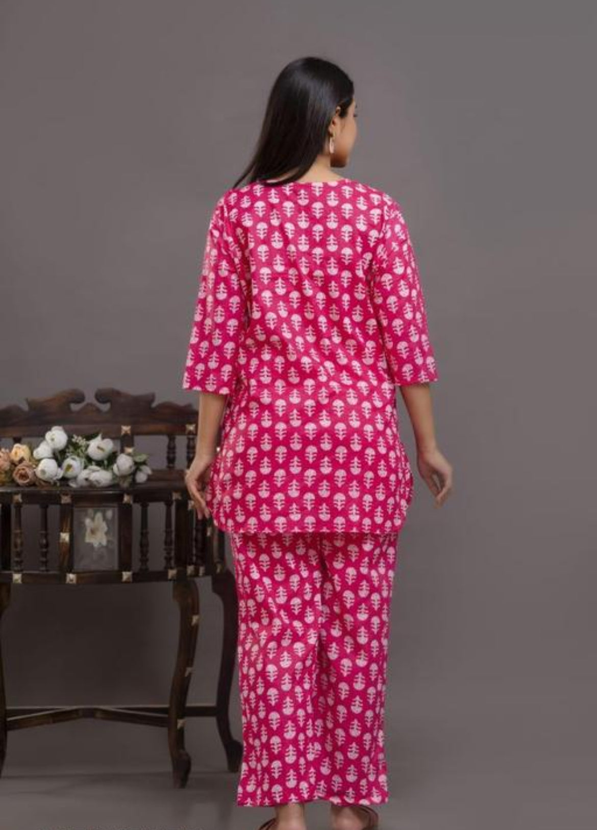 Hot Pink and White Jaipuri Print Pajama Set