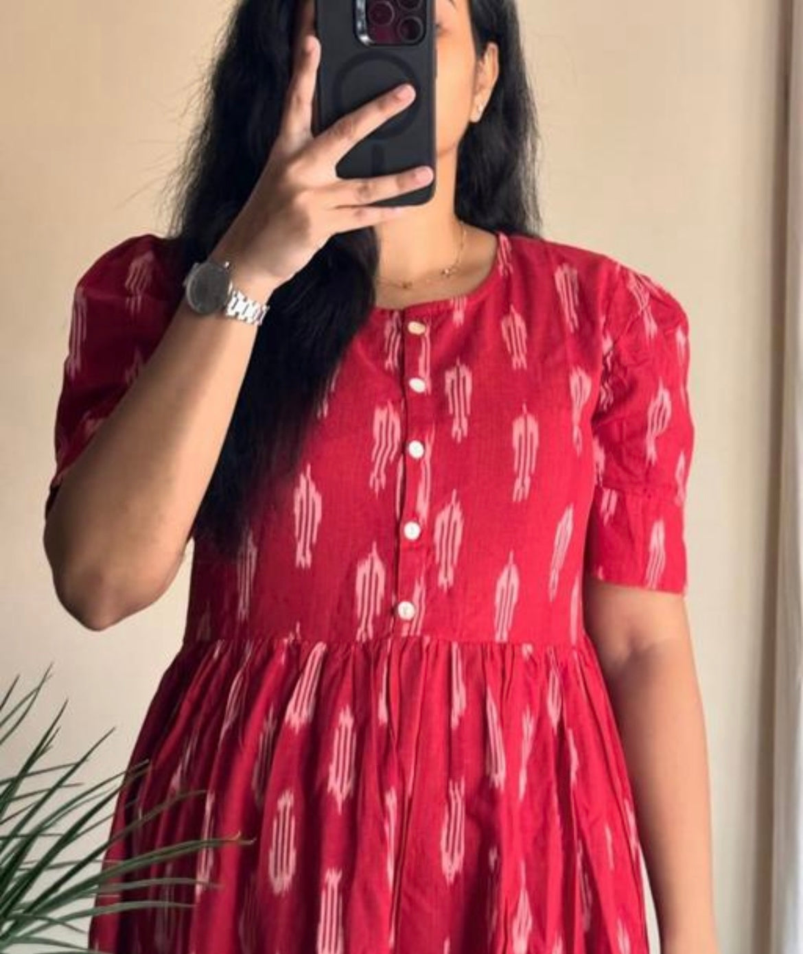 Elegant Ikat Print Cotton Midi Dress – Red Charm Edition