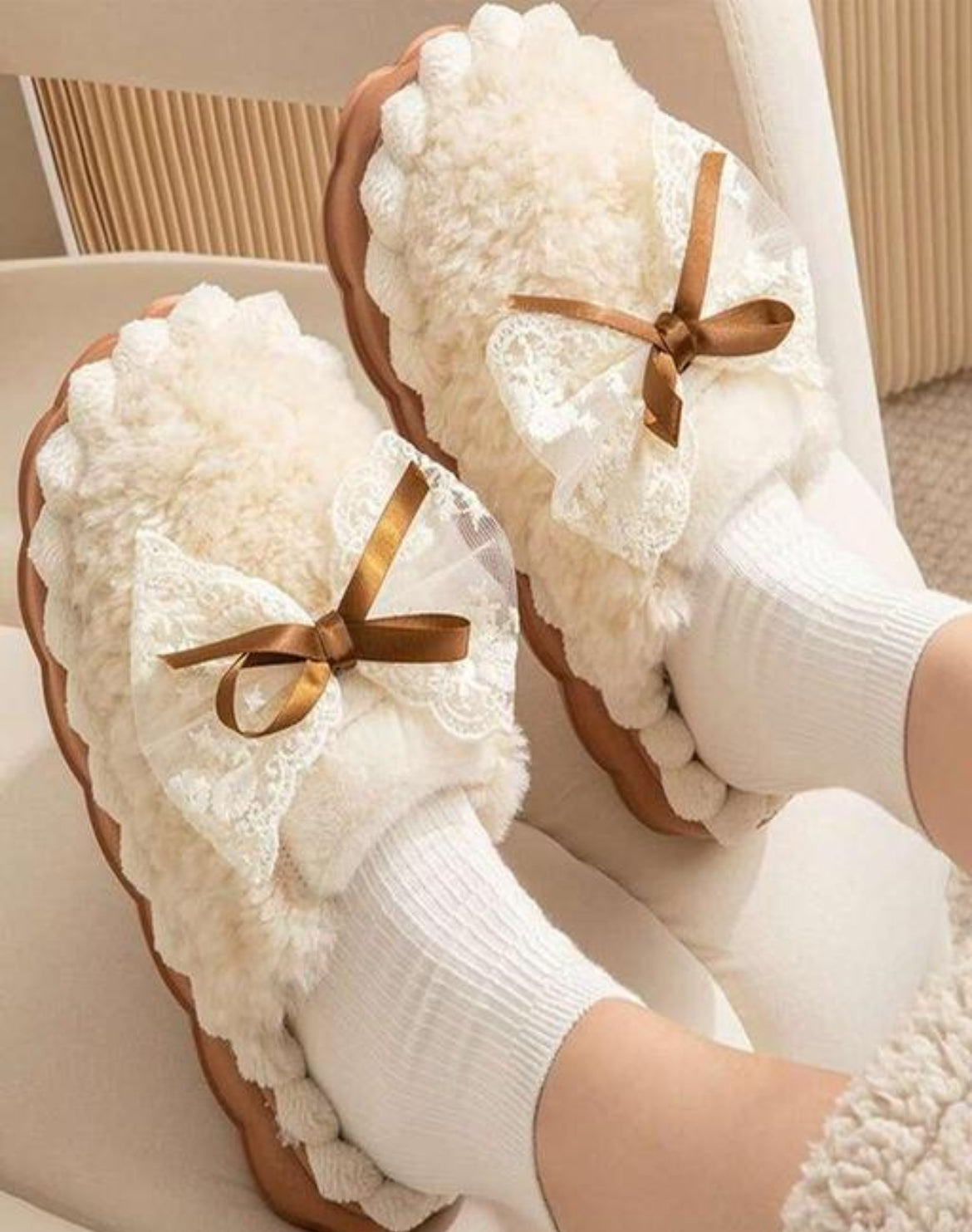 Fluffy creme slippers