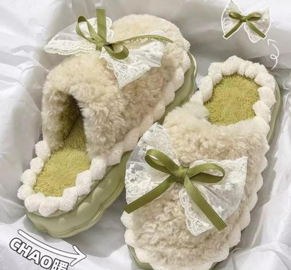 Fluffy Cream and Green Bow Slippers