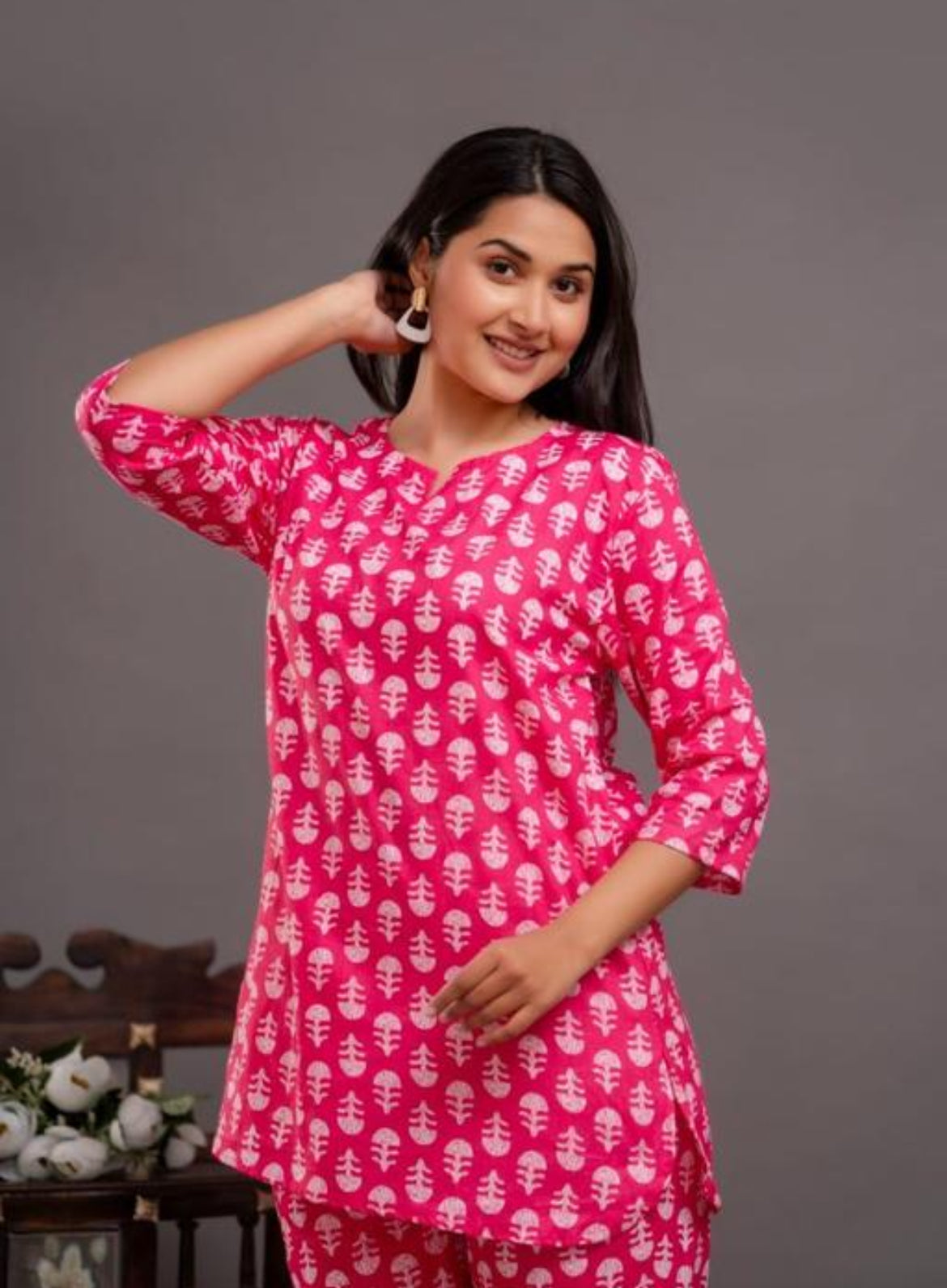 Hot Pink and White Jaipuri Print Pajama Set