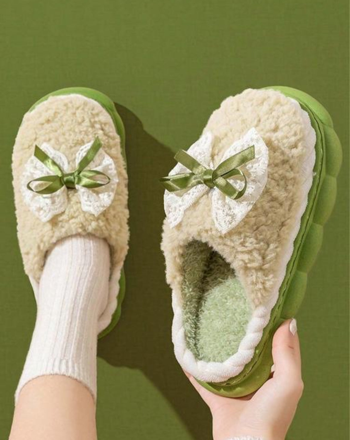 Fluffy Cream and Green Bow Slippers