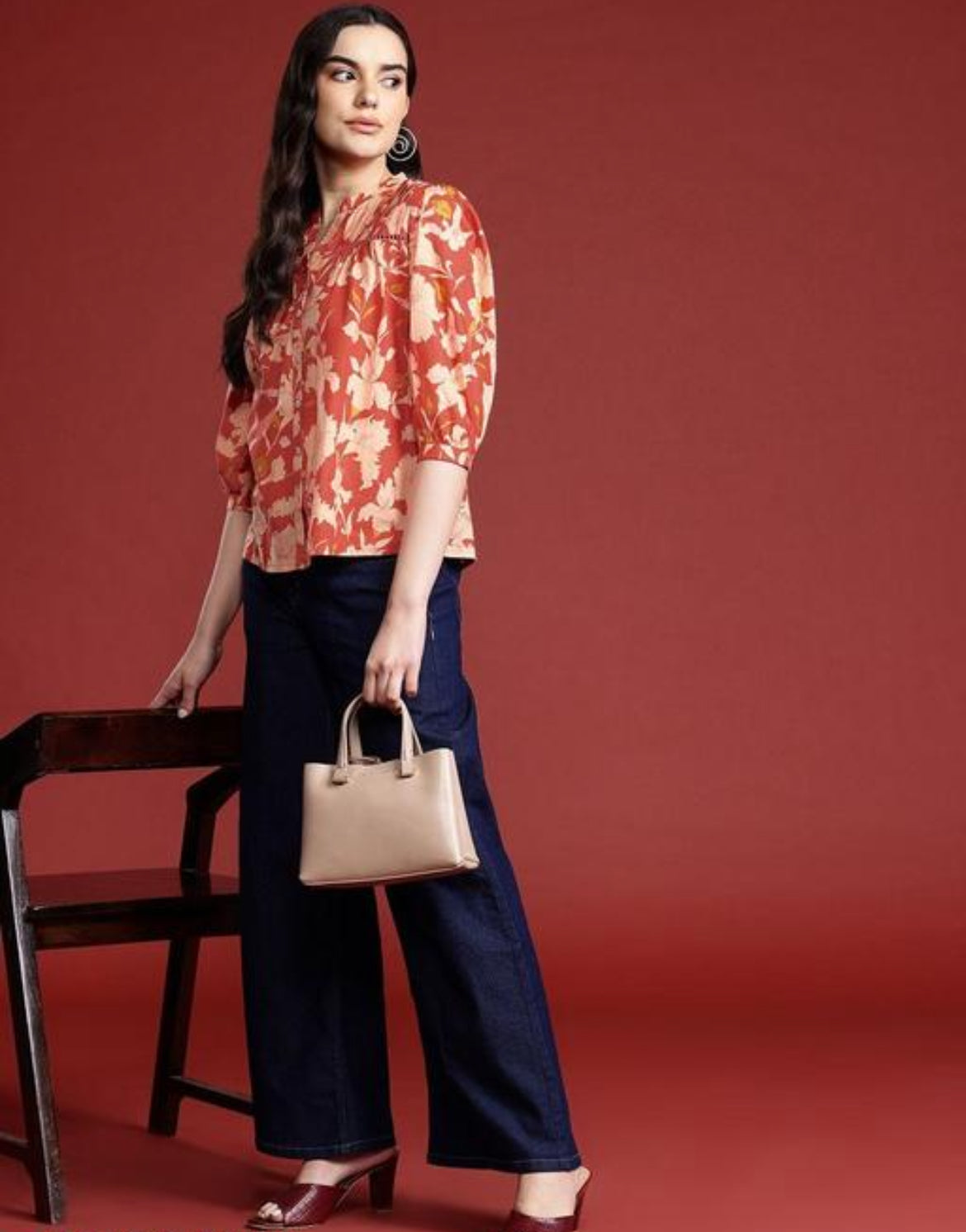 Rust Orange Floral Blouse with Wide-Leg Jeans