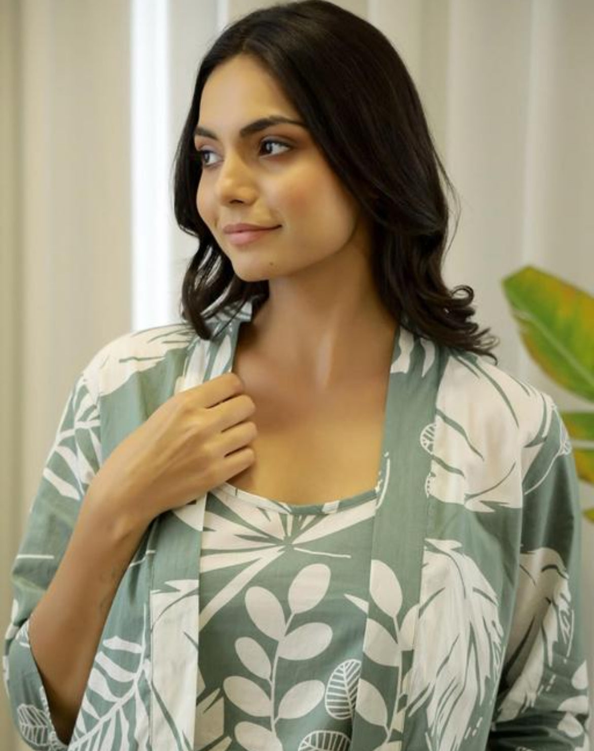 Sage Green and White Leaf Print Three-Piece Night Wear Set