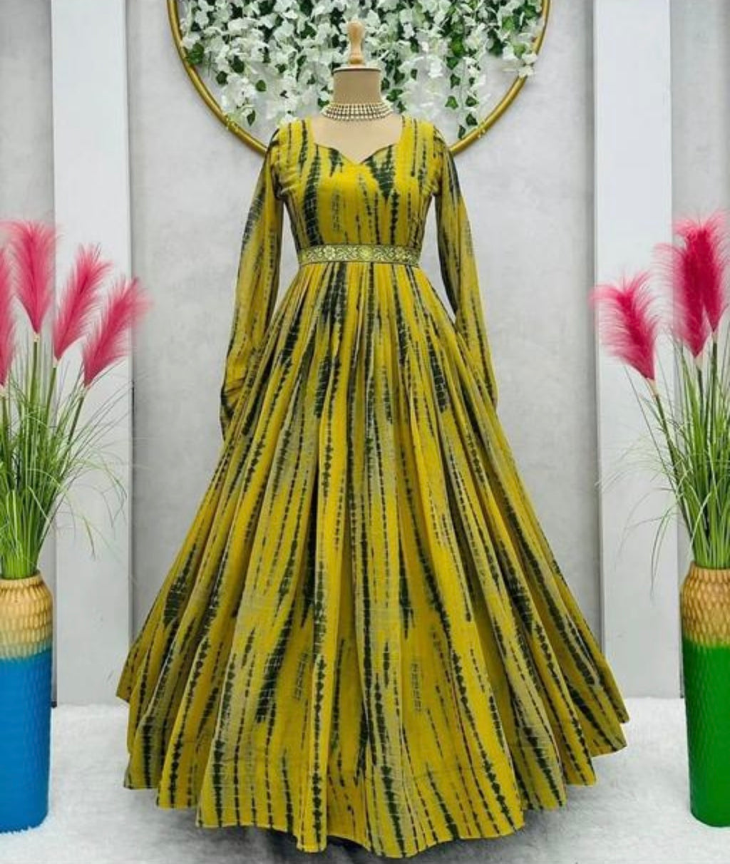 Mustard Green Tie-Dye Flared Maxi Dress with Belted Waist