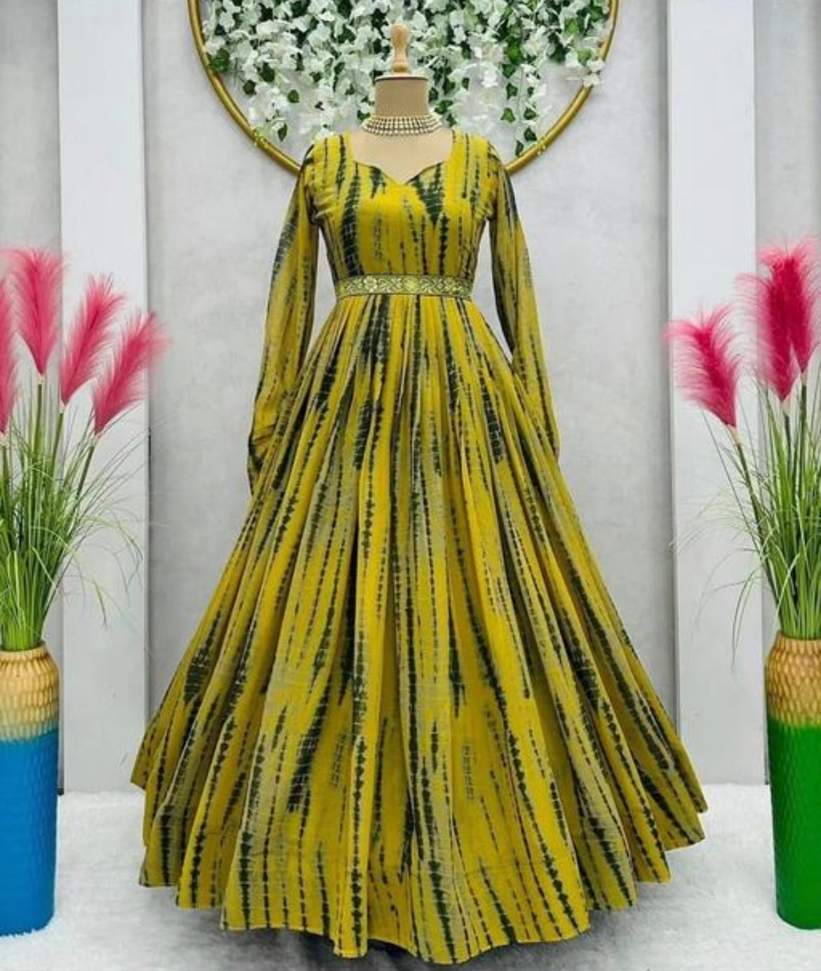 Mustard Green Tie-Dye Flared Maxi Dress with Belted Waist