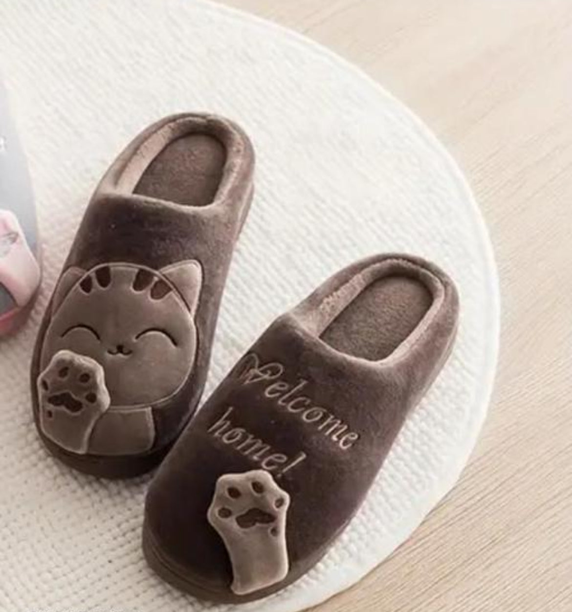 Dark Brown "Welcome Home" Cat Slippers