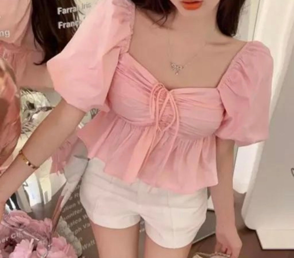 Blush Pink Ruched Puff Sleeve Peplum Top – Sweetheart Chic