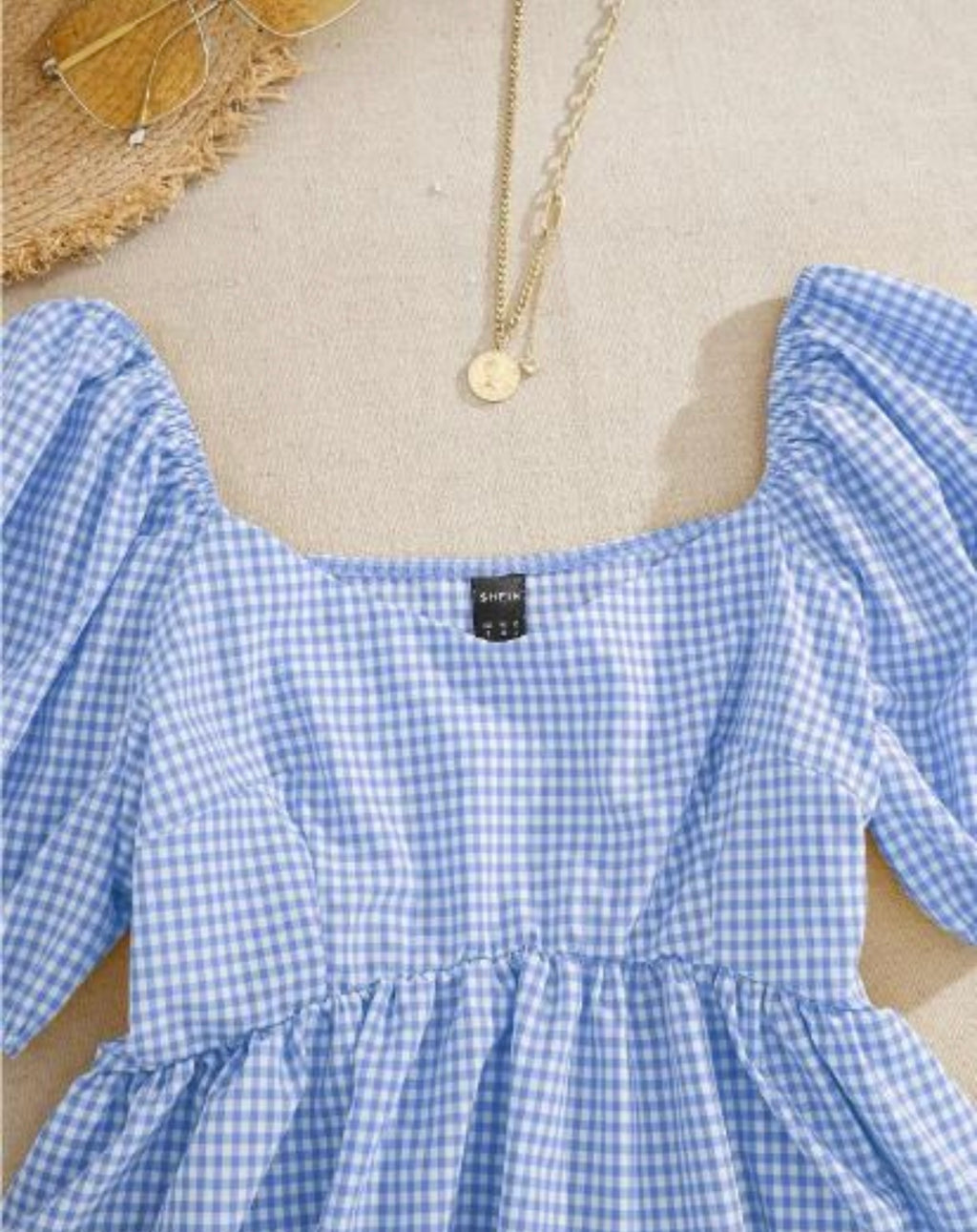 Blue Gingham Cotton Peplum Top with Puff Sleeves