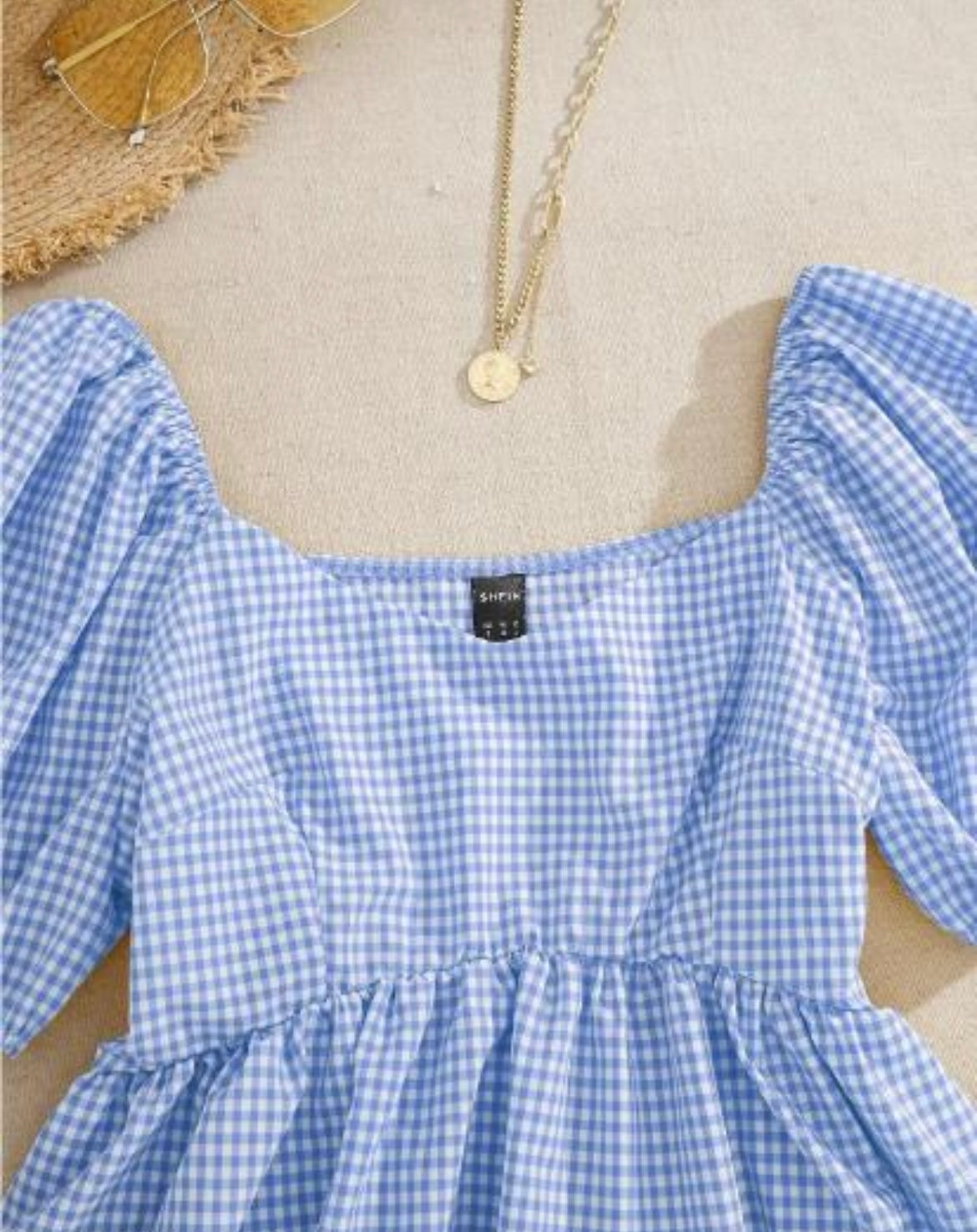 Blue Gingham Cotton Peplum Top with Puff Sleeves