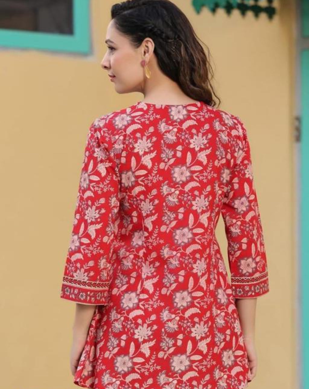 Red Floral Printed Cotton Anarkali Dress
