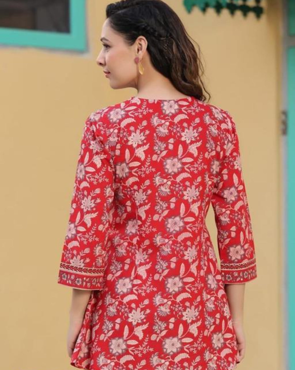 Red Floral Printed Cotton Anarkali Dress