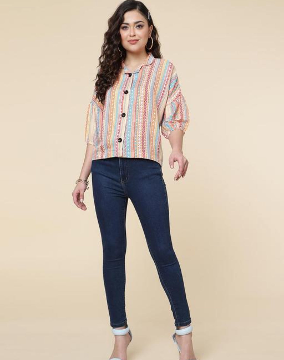 Multicolor Striped and Tribal Print Cropped Top